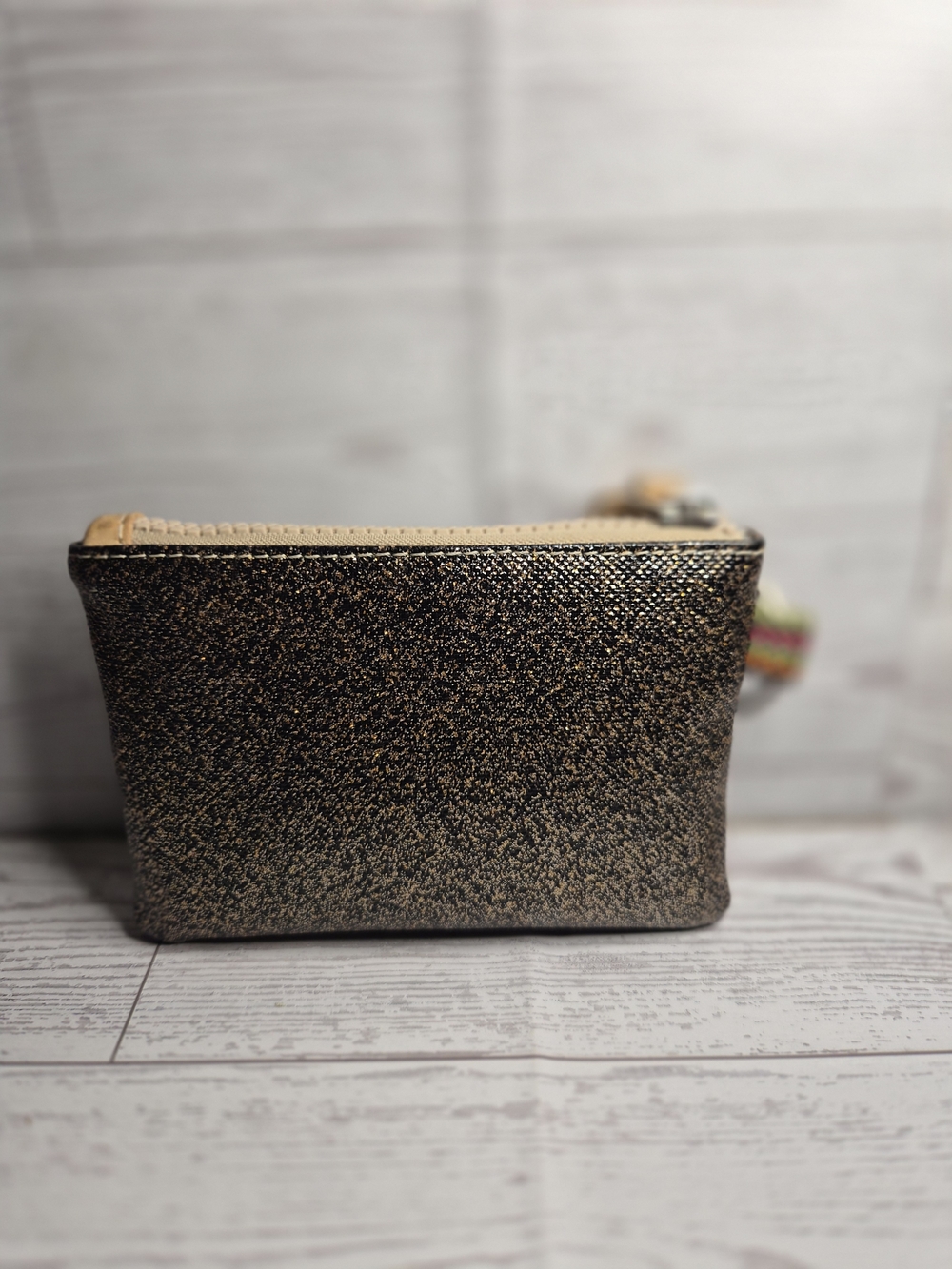 Consuela Gold Glitter Cosmetic Wristlet with Tan Trim - Picture 2 of 8